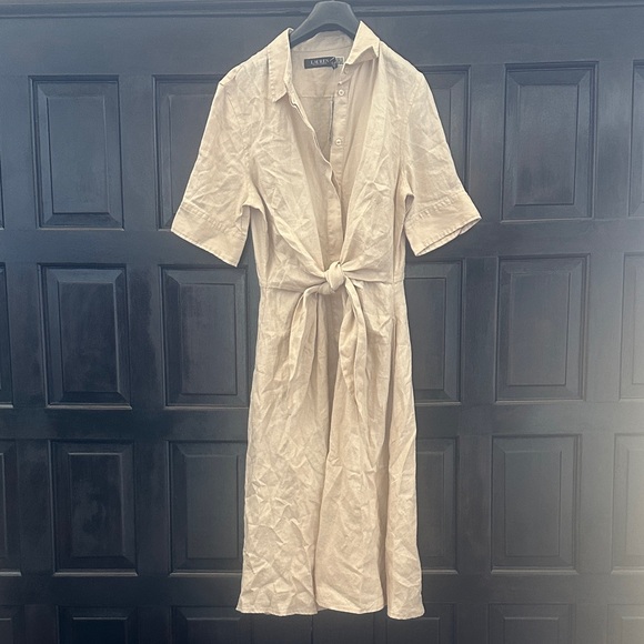 Ralph Lauren Beige Tie-Front Midi Dress - Picture 3 of 12